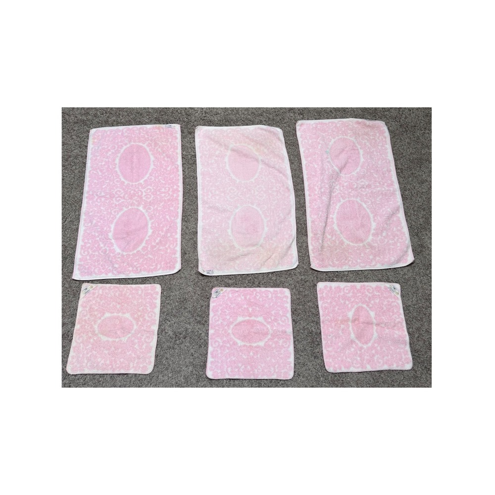 70s Vintage Cannon Royal Family 6pc Towel Set‎ Pink Rose Floral Cotton White - Picture 2 of 12